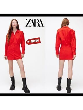 Zara red poplin shirt dress Sz S NWT